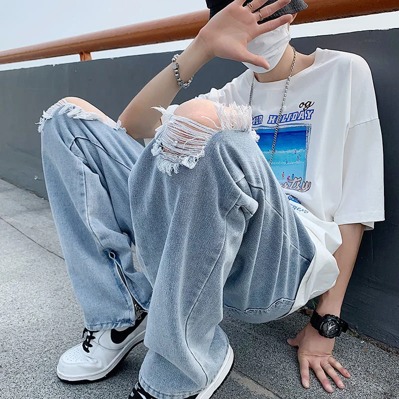 Summer Blue/Black Baggy Jeans Men Fashion Casual Ripped Straight Jeans Mens Streetwear Hip Hop Loose Ripped Denim Trousers Men