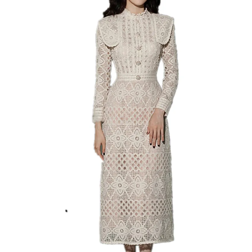 Palace Water Soluble Lace Long Dress Women High Waist Spring Autumn Banquet Party