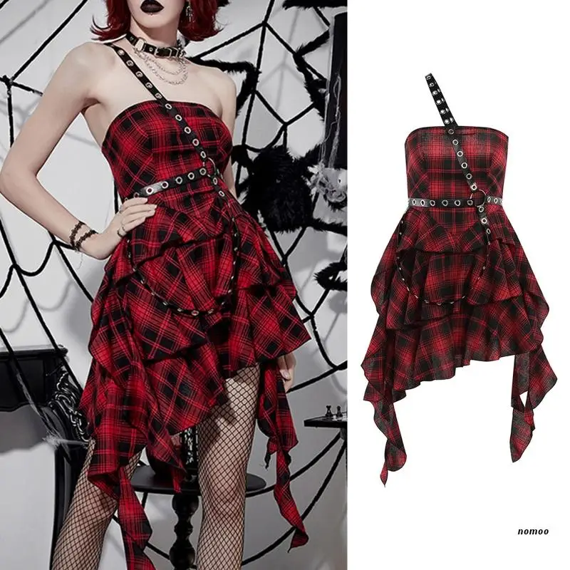 

Women's Plaid Party Club Dress Gothic Tube Top Dress Irregular Ruffled Hem Dress