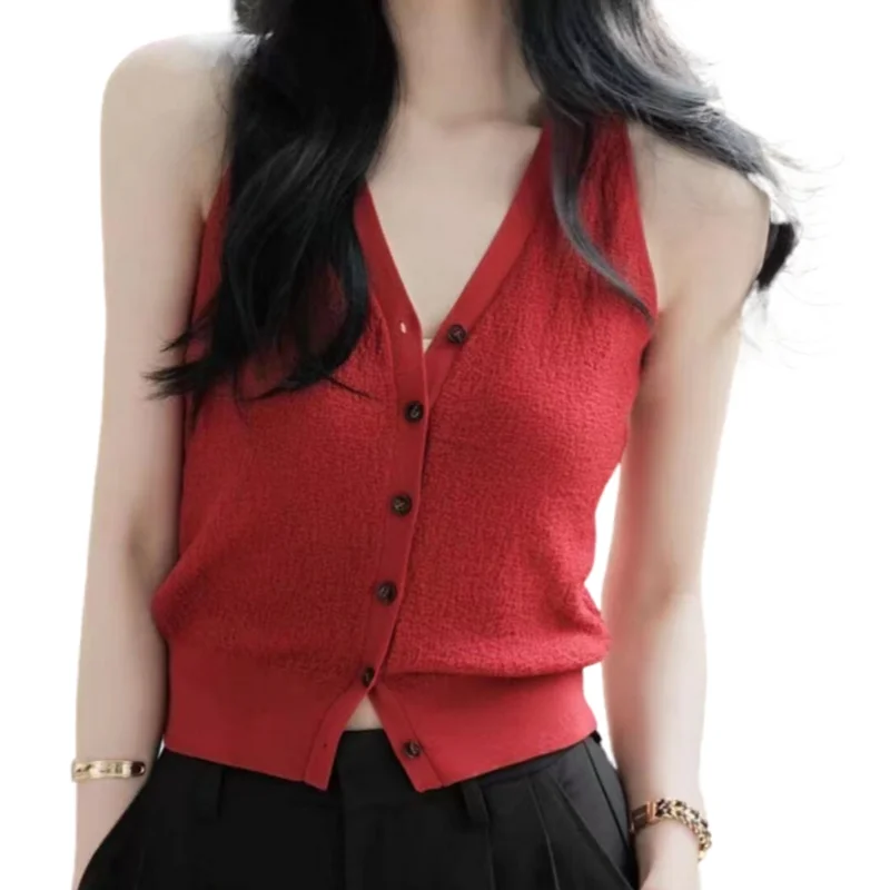 Женский летний кардиган на пуговицах без рукавов с V-образным вырезом