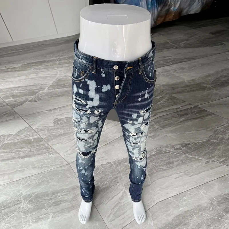 Street Fashion Men Jeans Retro Blue Elastic Slim Ripped Jeans Men Patched Trousers Painted Designer Hip Hop Brand Pants Hombre