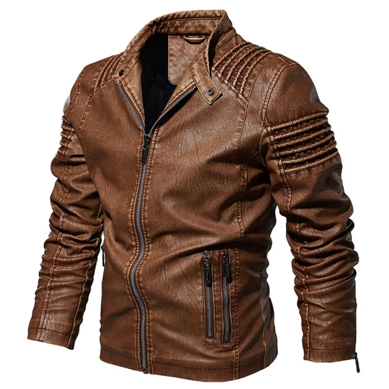 

2022 Men's Autumn Fashion Leather Jacket Stand Collar Ruffled Casual PU Leather Jacket