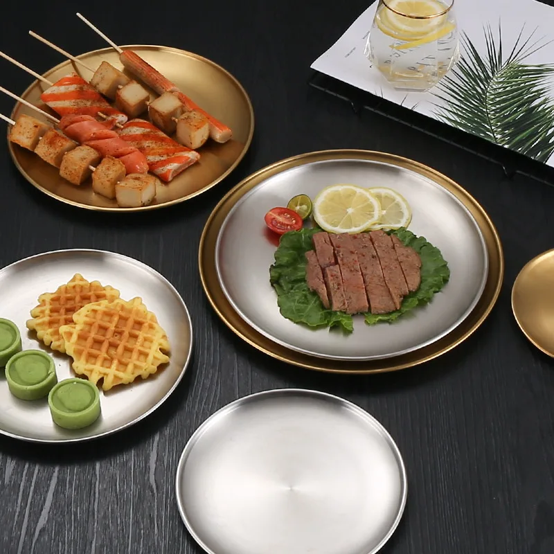 

Korean stainless steel thickened disc Golden Cafe Tray Fruit Plate Cake Plate Bone Dish Dish Dish Shallow Plate