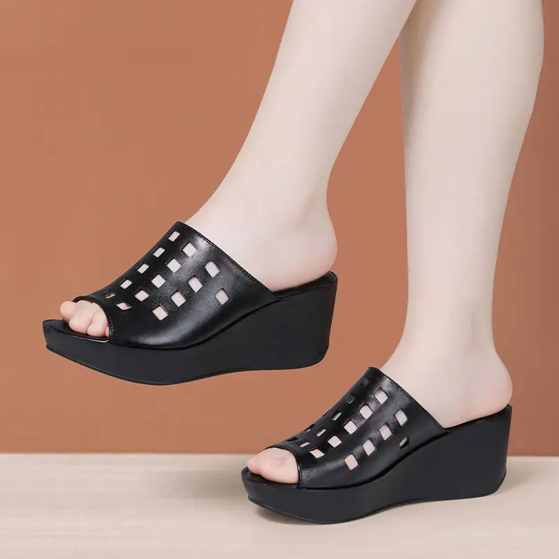 

6cm Plus Size 34-43 Med Heels Genuine Leather Shoes Women Slippers Summer 2023 Cutout Platform Wedges Slides Office Beach Mom