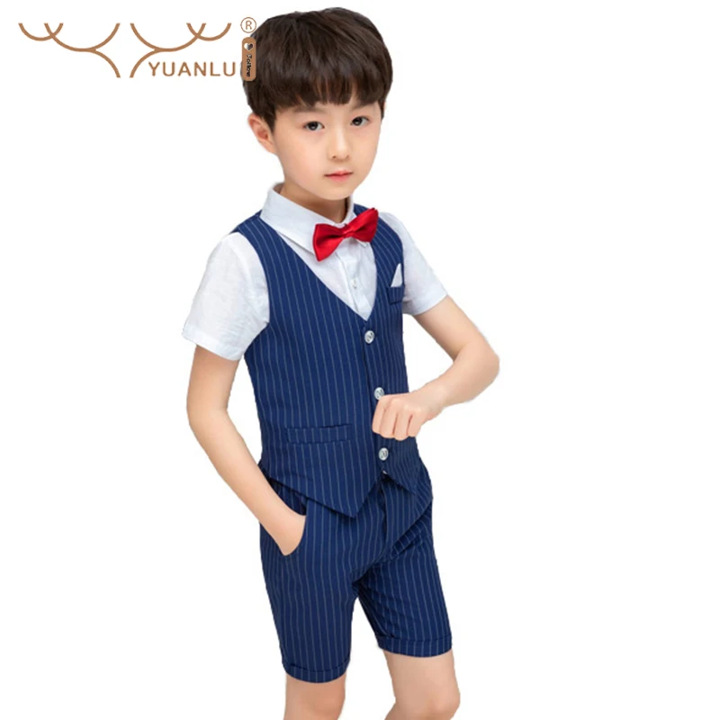 Summer Child Suit Set 4Pcs Suits for Boys Vest Shirts Shorts and Bow Tie Children's Clothing for Boy Formal Boys Suit New