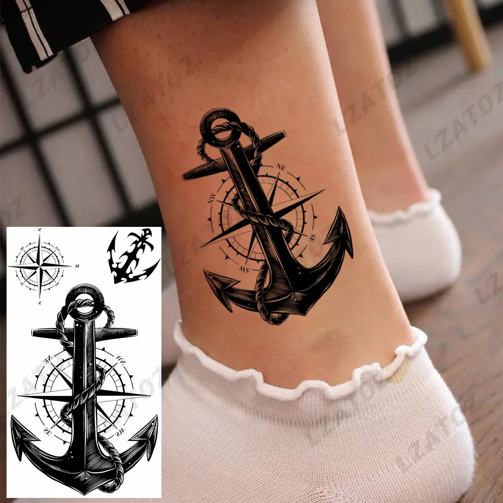 Черное якорь Corsair временная татуировка для мужчин женщин мужчин реалистичный компас имитация татуировки наклейки «сделай сам» Водные Переводные татуировки для ног