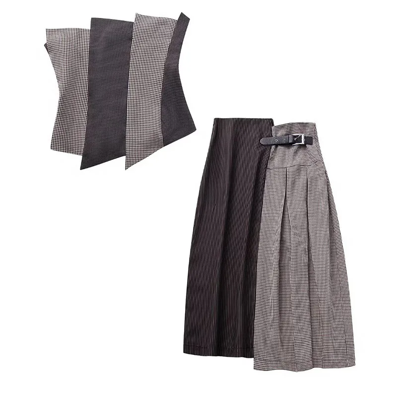 

Женский осенний комплект из двух предметов, повседневный Асимметричный комбинированный клетчатый топ-футляр, юбка миди с высокой талией, длинная юбка А-силуэта, 2023