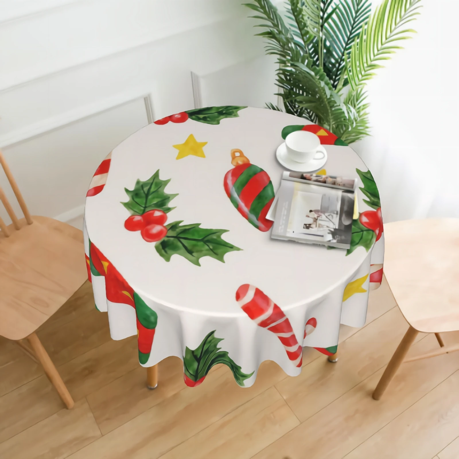 

Watercolor Christmas Pattern Decorative 60" Round Polyester Tablecloth Printed Pattern Washable Table Cloth for Dinner Kitchen