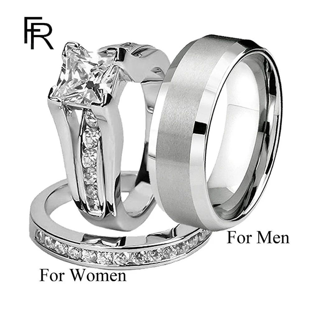 

Набор колец для невесты с бриллиантом, свадебные ювелирные изделия для женщин, гладкое кольцо из серебряного сплава с инкрустацией бриллиантами, кольцо из трех предметов для пар