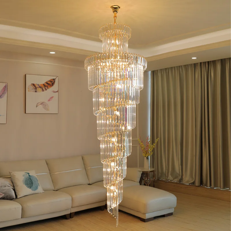 

Light Luxury Crystal Long Chandelier Duplex Hollow High Spiral Staircase Hotel Lobby Sales Hall Luxury lighting Pendant lights