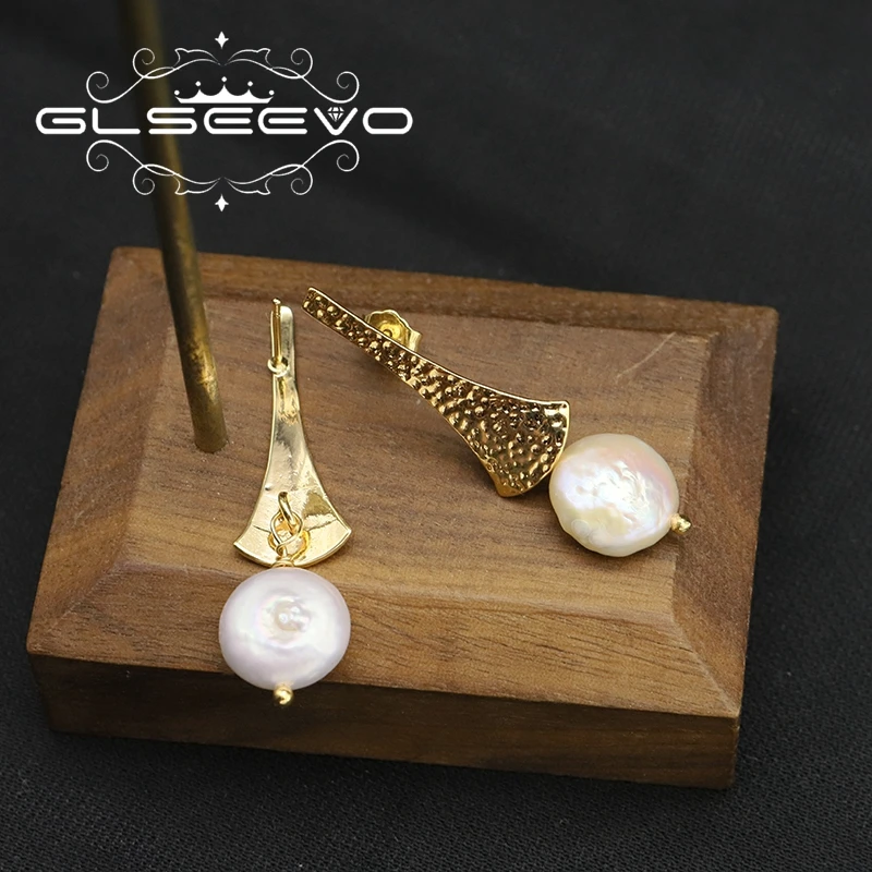 

GLSEEVO Golden Scalloped Baroque Pearls Drop Earrings Personality Fashion Designer By Hand Luxury Jewelry Wedding Gifts GE1183