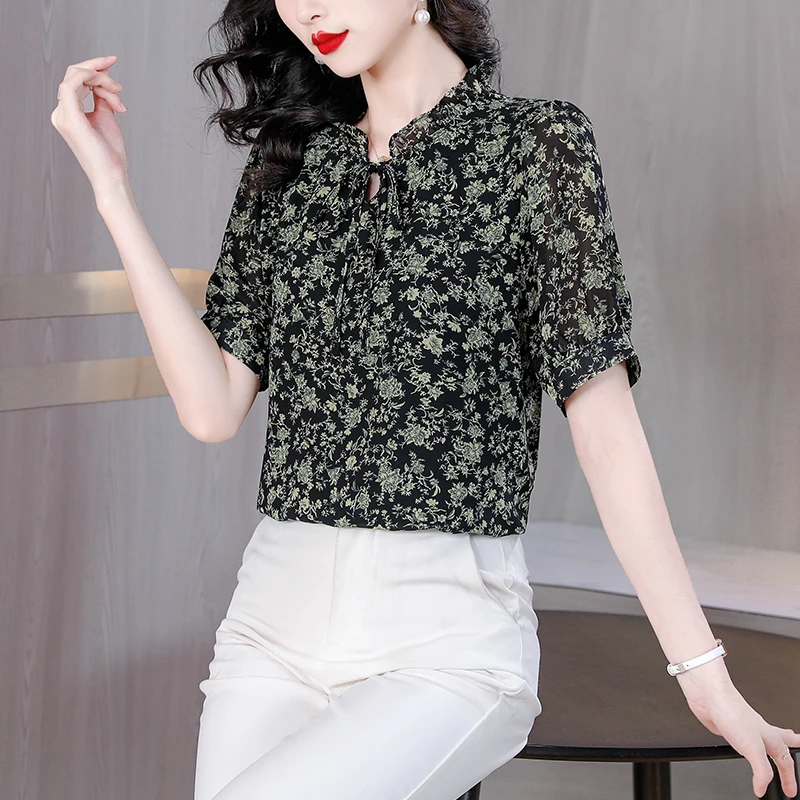 

2023 New Ruffles For Summer Lace-up Chiffon Shirt With Short Sleeves Middle-aged Mothers Elegant Fashionable Women Blouse T346