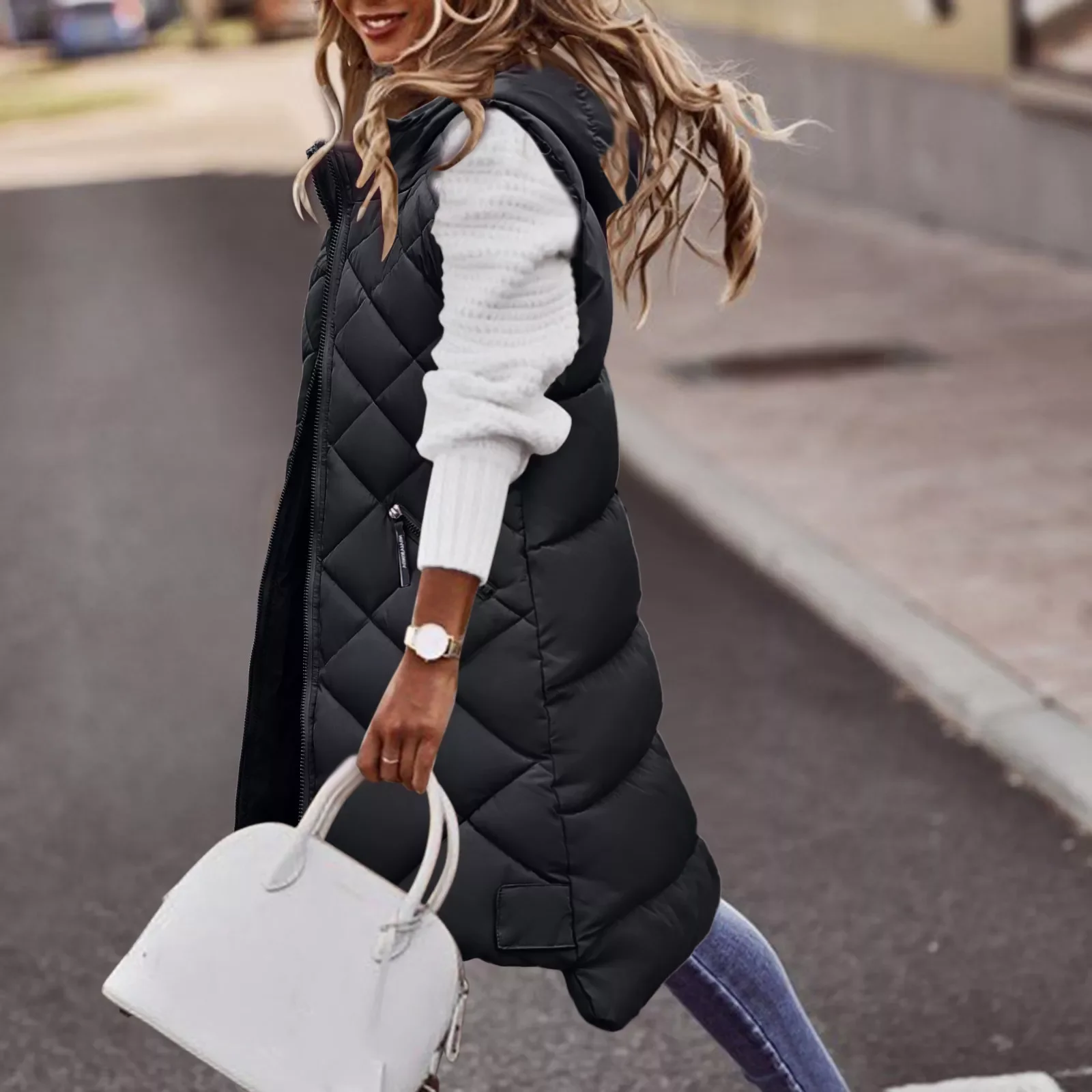 New2022 Long Winter Coat Vest With Hooded Sleeveless Warm Down Coat With Pockets Quilted Vest Down Jacket Quilted Outdoor Jacket