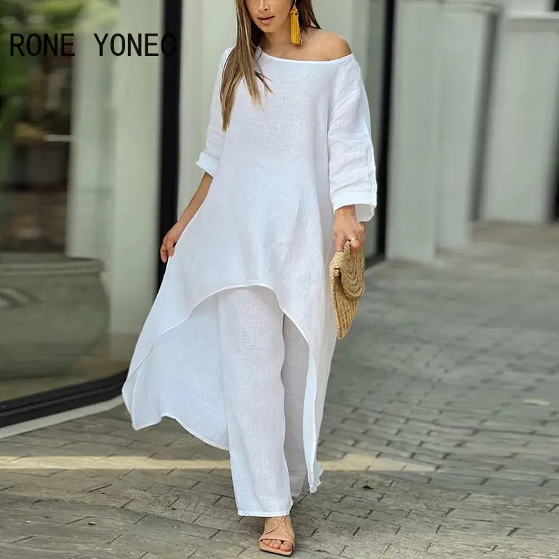 

2023 Women Chic Solid Diagonal Collar X-long Top & Straight Pants Loose Fit Casual Pants Sets