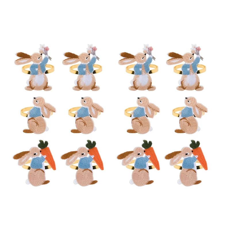 

12 Pieces Easter Napkin Rings Bunny Napkin Buckle Embroidered Rabbit Metal Napkin Holders For Easter Home Kitchen Decor
