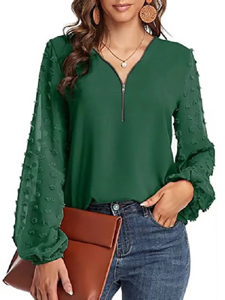 

Fashion Solid Zipper Loose Chiffon Blouses Top Women 2023 Spring Summer V-neck Long Sleeve Shirt Tops Office Lady Casual Top