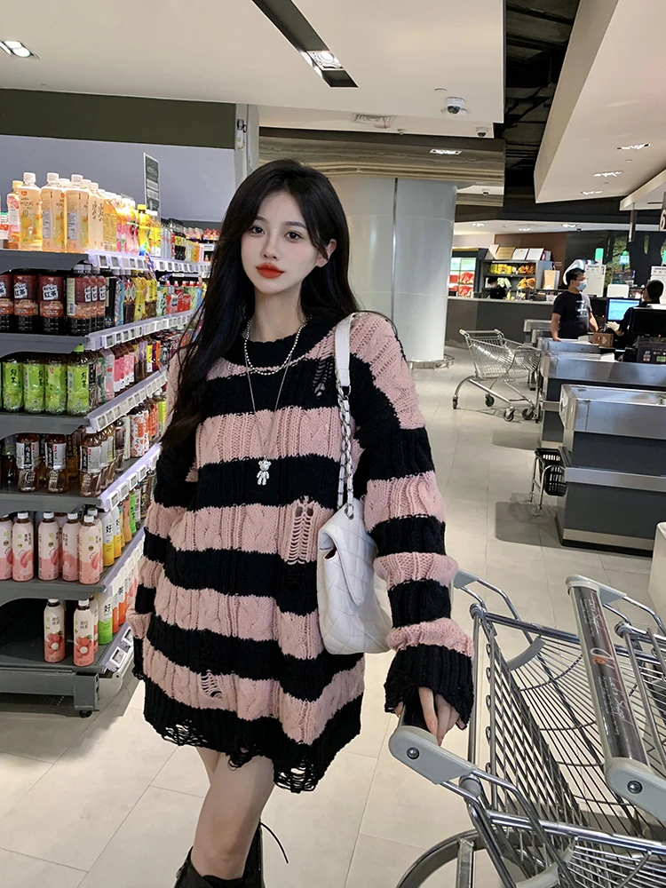 

Женский свитер в полоску GBB0635, свободный трикотажный свитер средней длины с длинными рукавами и отверстиями, осень 2022