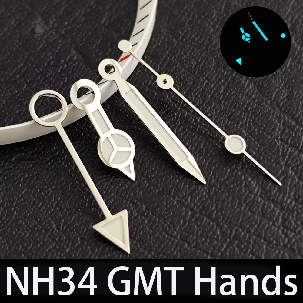 Фото Новые стрелки для часов NH34, сине-зеленые, светящиеся, указатель GMT, подходят для автоматических механизмов NH34 и NH35, запчасти для мужских часов. №4