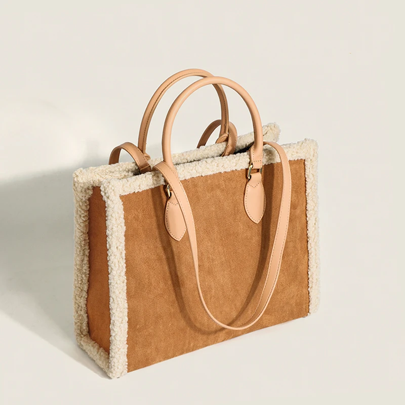 

Вместительная сумка-тоут, роскошные дизайнерские дамские сумочки из искусственной овечьей шерсти, винтажная Лоскутная замшевая композитная сумка на плечо