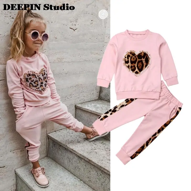 

2022 Spring & Autumn Toddler Kid Baby Girl Winter Clothes Sets Pink Long Sleeve Leopard Tops Long Pants Outfit Tracksuit 12M-6Y