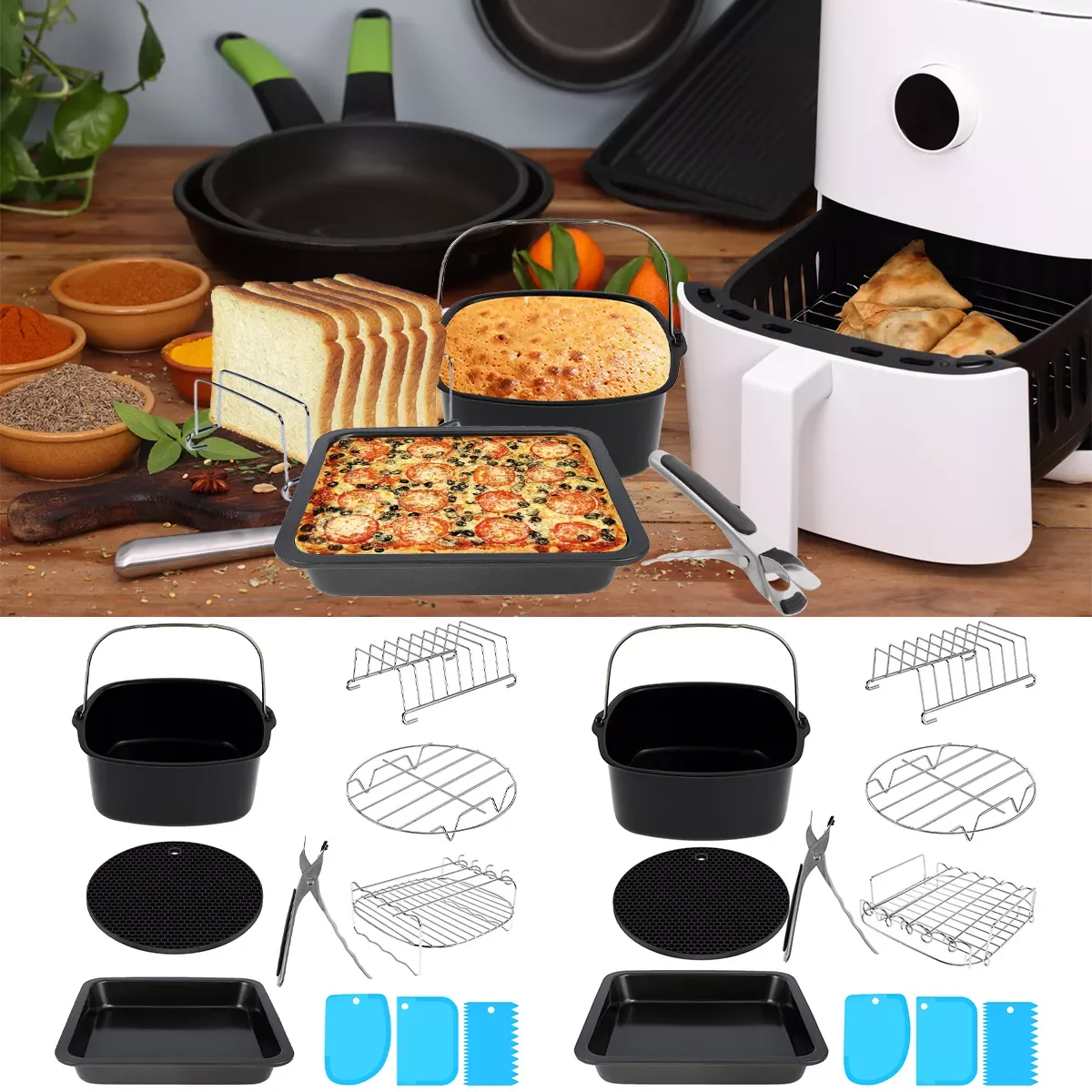 

14/15 Pcs Air Fryer Accessories Set Square Air Fryer Accessories with Reusable Silicone Air Fryer Liner Cake Basket Pizza