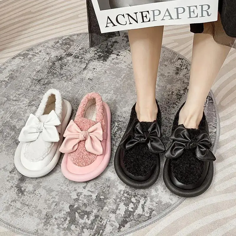 35-43 Plus Size New Winter Warm Fur Shoes Women Flats Beading Moccasins Outside Loafers Ladies Bowknot Peas Shoes