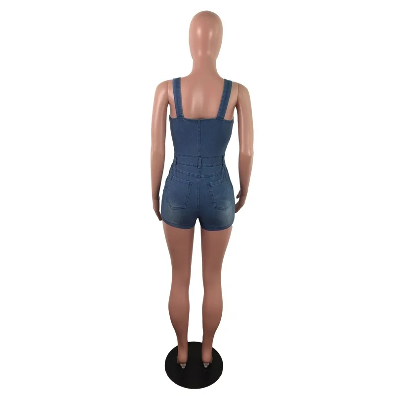 Slim Thin Sling Sleeveless Skinny Jumpsuits Women White Spray Hole Hollow Out Playsuits Denim Shorts Female Outfit OL One Piece
