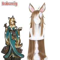 bubuwig synthetic hair genshin impact hina gorou cosplay wig women 100cm long straight brown mixed white party wigs with ears