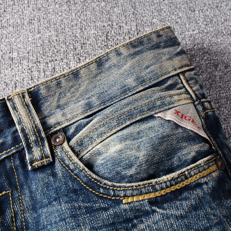 Fashion Vintage Men Jeans Retro Yellow Blue Slim Fit Destroyed Patched Ripped Jeans Men Trousers Designer Denim Pants Hombre