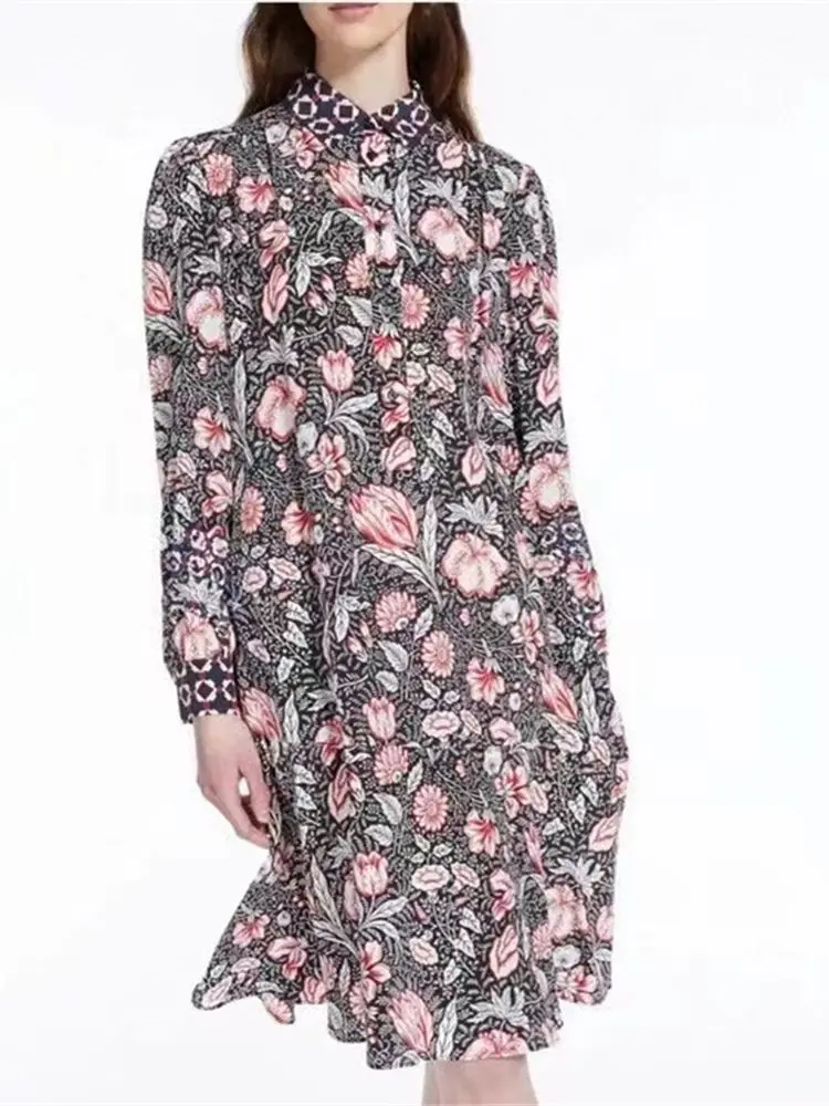 Floral Print Women Silk Dress Turn-down Collar Retro Lace-up Midi Robe for Female Spring Summer 2023