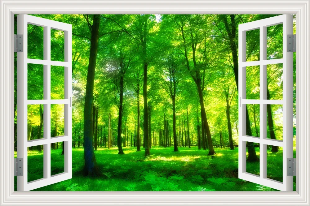 

Зеленый лес стикер на стену природа винил декоративный природный пейзаж 3D наклейки с видом на окно обои для декора комнаты эстетический
