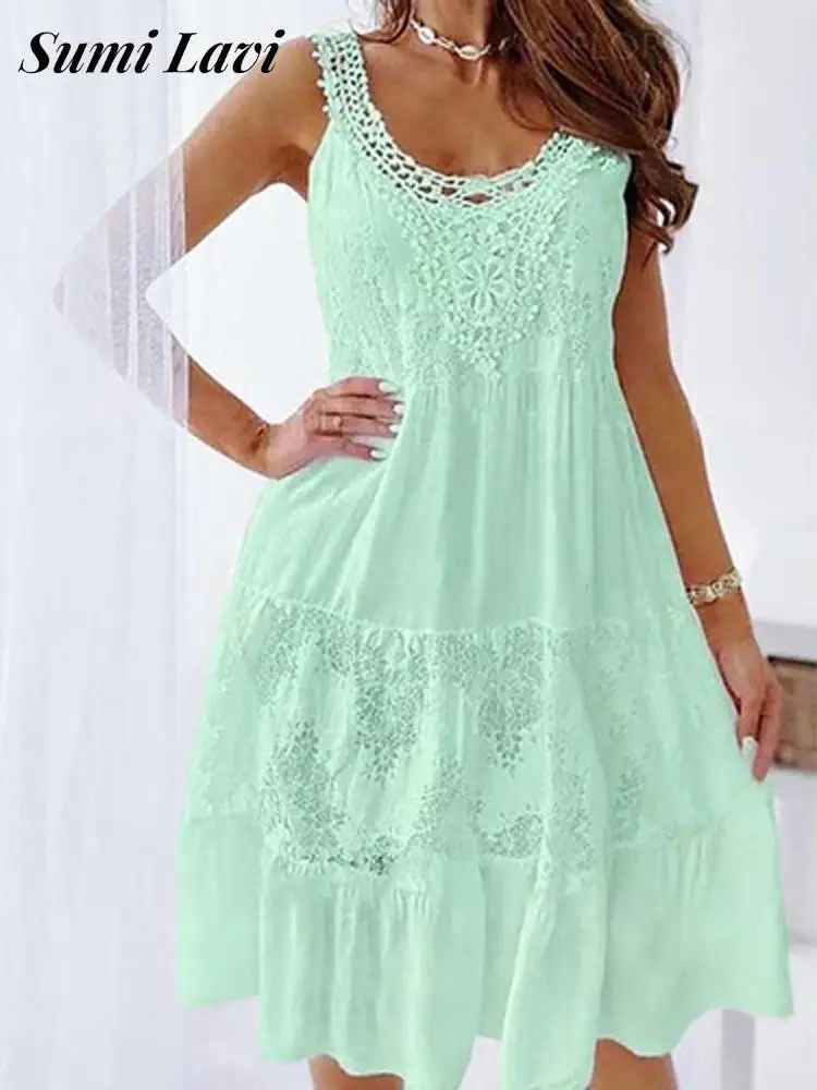 

Женское однотонное платье-миди без рукавов, повседневное свободное ажурное платье с открытыми плечами и кружевом, лето 2022