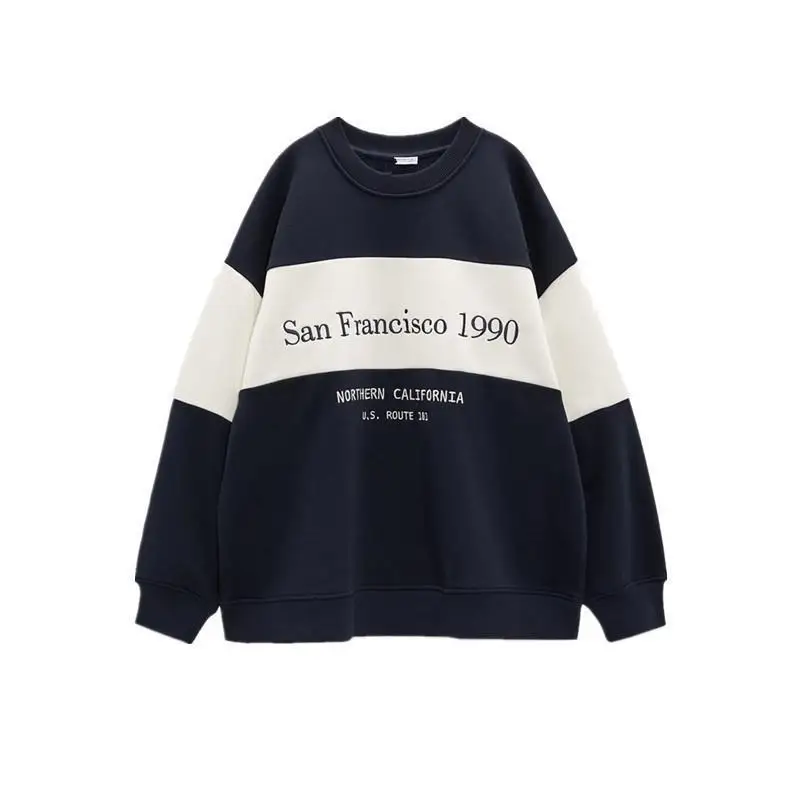 

Spring and Autumn European and American Women's Contrast Color Round Neck Long Sleeve Sweater Youth Street Leisure Sports Coat