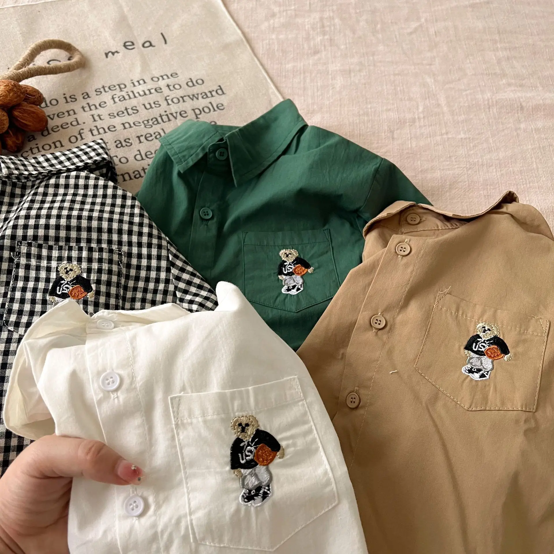 Children's Clothes 2022 Autumn New Boys Girls Korean Bear Shirt Baby Embroidery Top