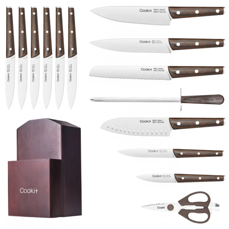 

15 Piece Knife Set with Stop for Kitchen Chef Knife Stainless Steel Knife Set Serrated Steak Knife with Manual Sharpener