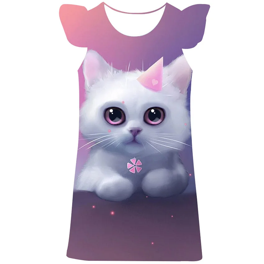 

Летнее платье для девочек с изображением кота, одежда, детские повседневные платья, милые платья с 3D рукавами-лепестками, детское платье при...