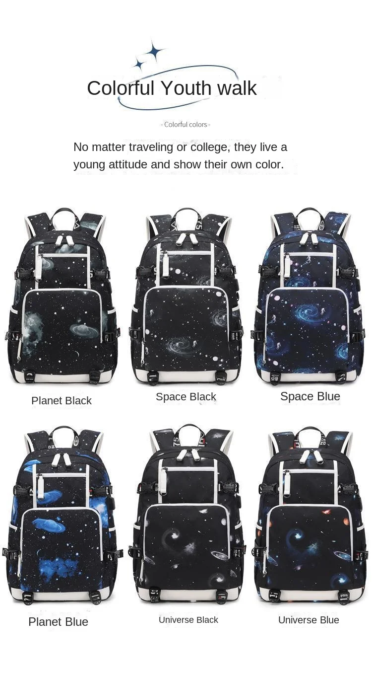 Boys Backpacks Junior High School Bag  Waterproof Casual Daypack Space Galaxy Printed Durable Knapsack with USB Charging Port