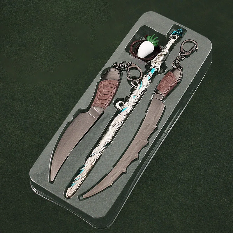 

Legendary Twins Weapon Model Xiao Yuer and Hua Wuque 4pcs Knife Swords Katana Sword Samurai Anime Weapons Keychain Kids Gift Toy
