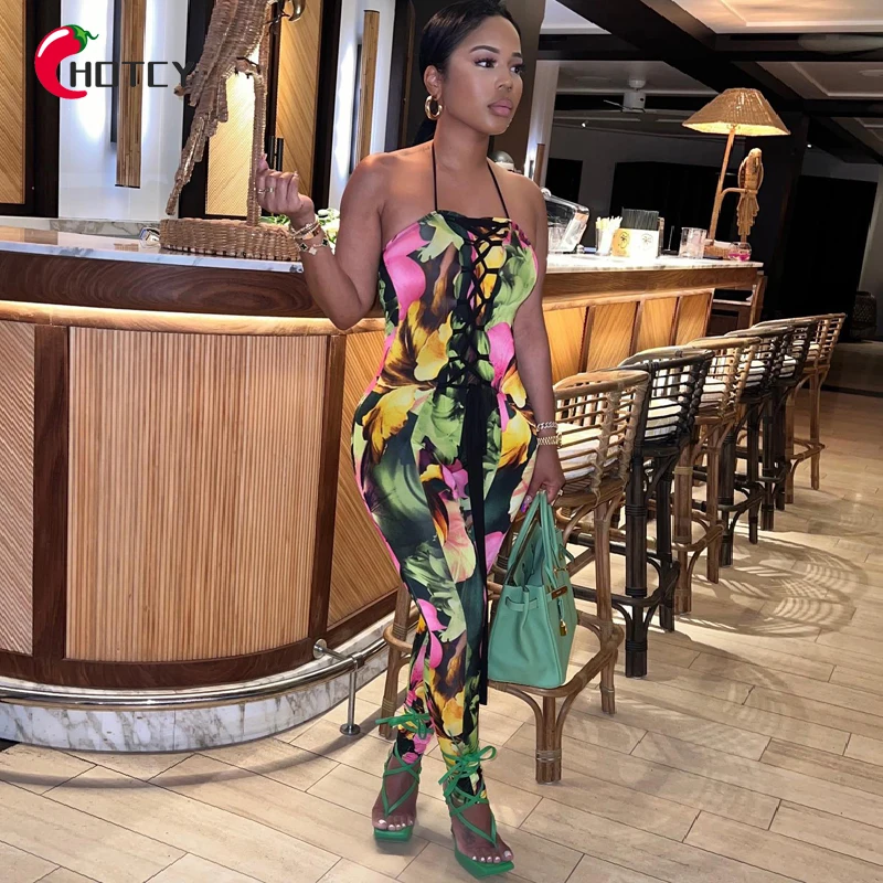 

HOTCY Summer Low-Cut Drawstring Hanging Neck Halter Printed Jumpsuit