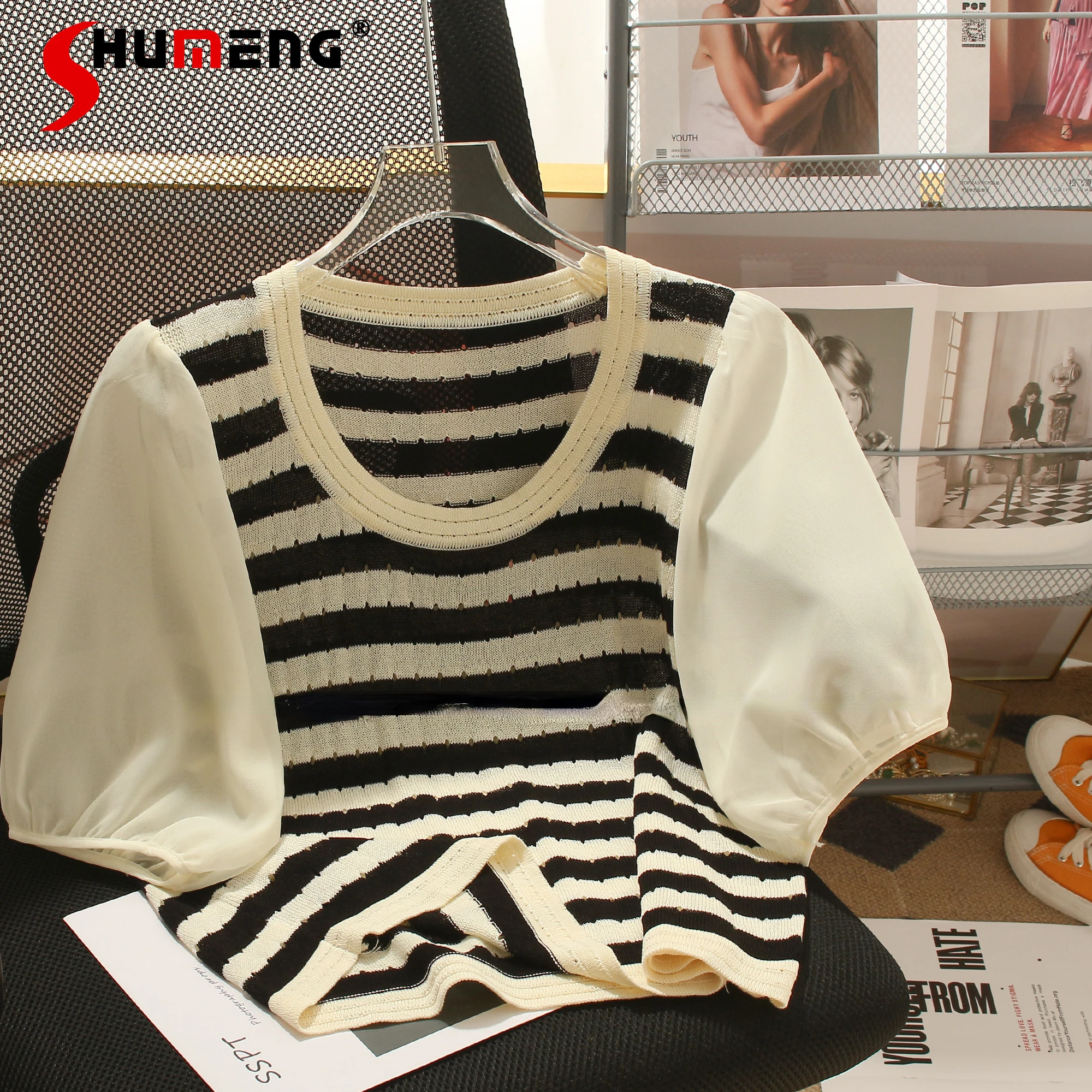 

Женский шифоновый топ в полоску, полосатый топ составного кроя с пышными рукавами и коротким рукавом, Летняя шелковая футболка в западном с...