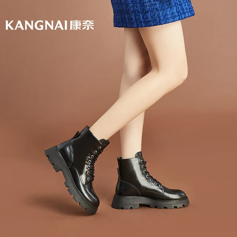 

Женские ботинки со шнуровкой Kangnai, зимние женские ботильоны из натуральной кожи на толстой подошве и плоской платформе