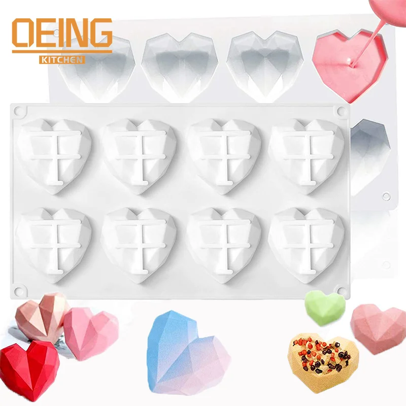 

3D 6/8 Cavity Diamond Love Silicone Cake Moulds Heart Fondant Decorating Tools Chocolate Pastry Molds Kitchen Baking Accessories