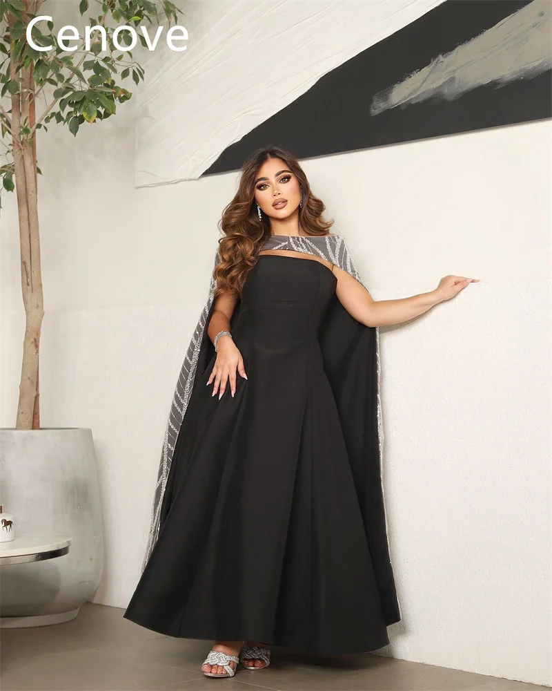 

Cenove Black Strapless Neckline Prom Dress Shawl Sleeves With Ankle Length Evening Summer Elegant Party Dress For Women2023
