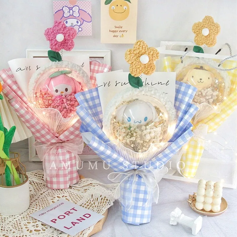 Kawaii Hello Kittys Kuromi My Melody Cinnamoroll Flower Sanrio Bouquet Cute Beauty Doll Transparent Wave Ball Girl Gift Birthday