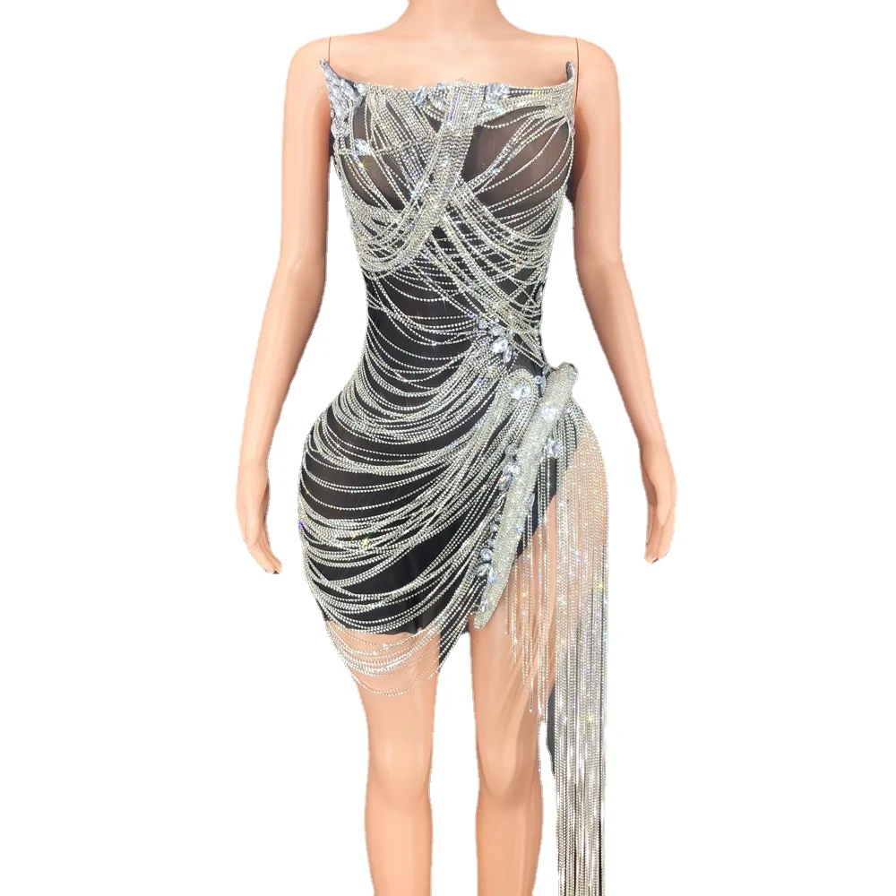 

See Through Sparkly Rhinestones Fringes Mesh Dress Women Celebrate Birthday Evening Gown Dress Prom Outfit Sexy Show Stage Wear