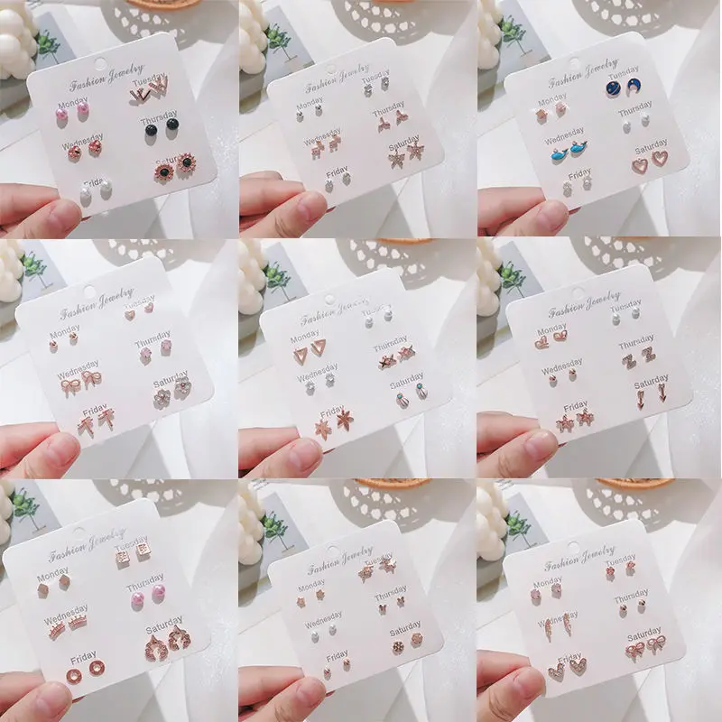 

6Pairs/set Earrings Stud Mixed Styles Rhinestone Bow-knot Geometric Heart Plastic Stud Earrings Set For Women Jewelry