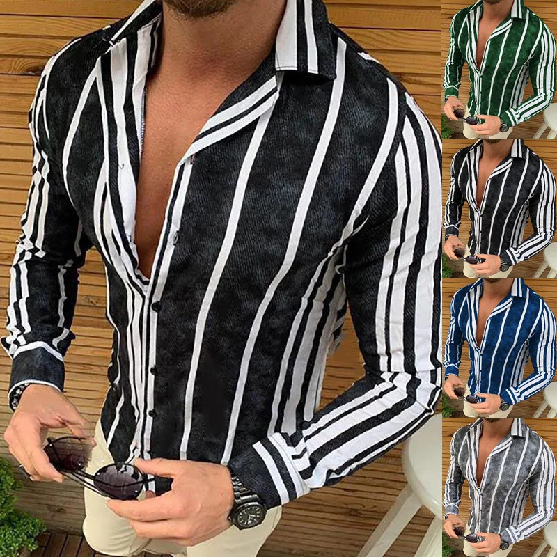 

2022 Spring And Autumn New Men's Long-sleeved Simple Loose Shirt Personality Striped Printed Shirt Party Tops Shirts Male
