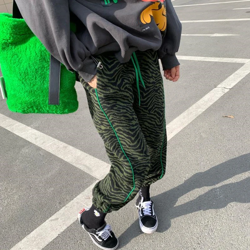 

Hip Hop Korean Style Women All-matched Green Zebra Ankle-length Pants Casual Loose Elastic Waist Harem Pant Streetwear Y2k Pants