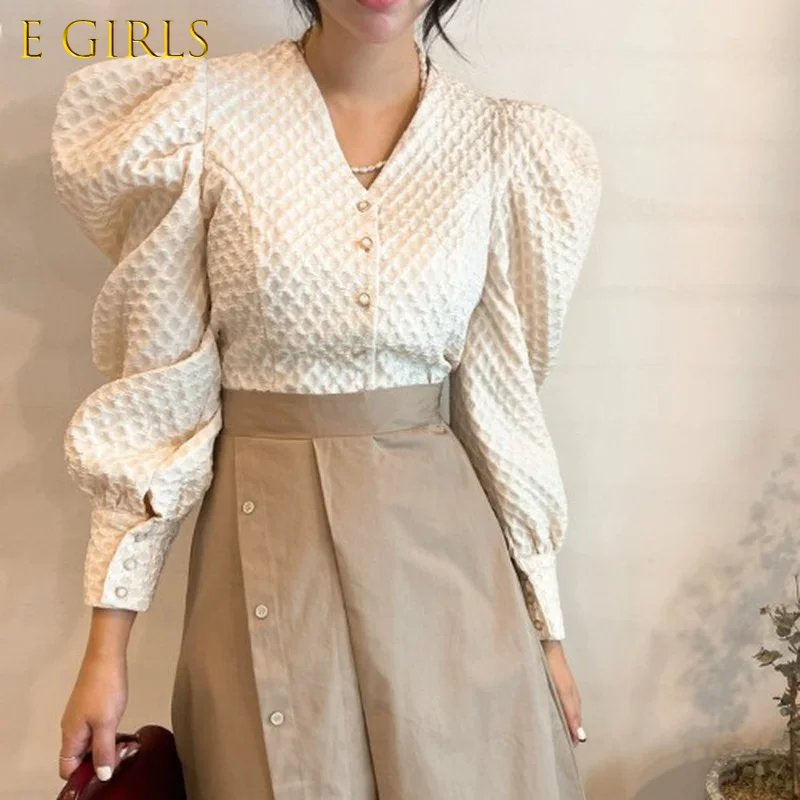 

E GIRLS Chic Puff Sleeve V-neck Women Tops Korean Fashion Elegant Blouse Shirt Autumn Winter New Blusas Feminimos
