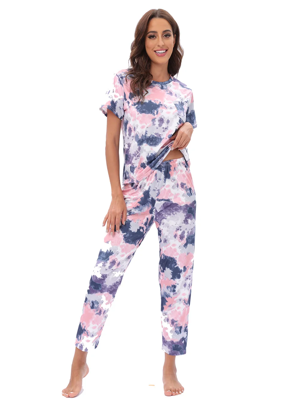 

Женский пижамный комплект с принтом Tie Dye, удобный топ с коротким рукавом и длинные брюки, одежда для сна, женская одежда для сна PJ